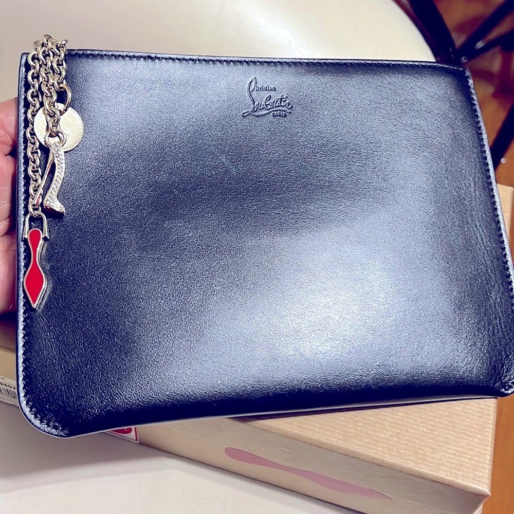 Authentic Christian Louboutin (Loubicute Calf Paris) clutch with shoe charms